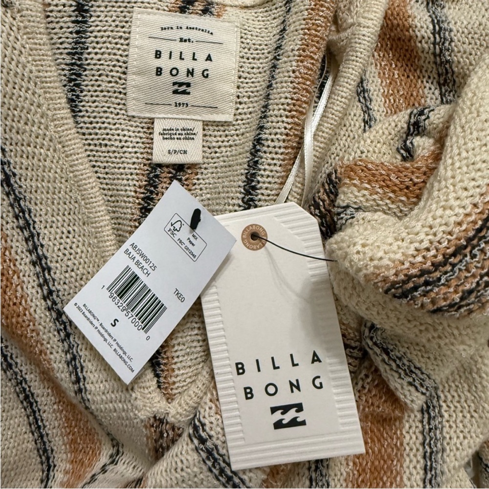 Baja Beach Stripe Pullover Sweater Hoodie Cream and Tan Small NWT Billabong